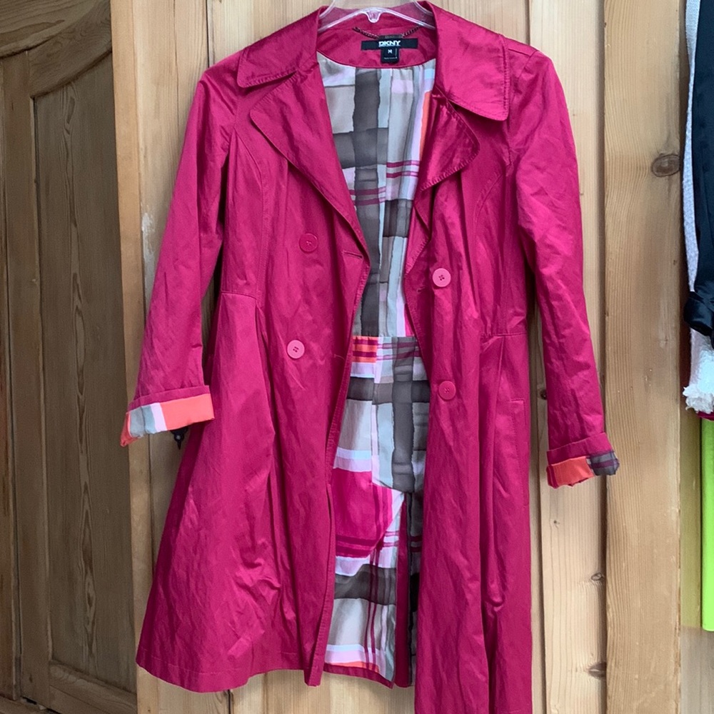 DKNY Hot 💕 Pink Magenta Barbiecore Trench Coat Jacket Watercolor Print Lined 💕